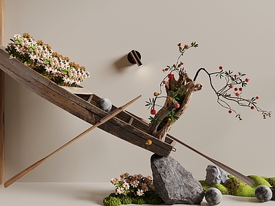 现代其他景观小品 枯木绿植摆件 室内景观 植物造景 木船 景观小品