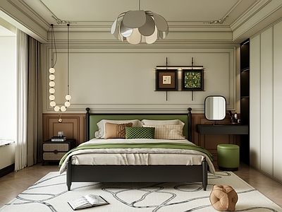 复古中古家居卧室 主卧 背景墙 飘窗 挂画 梳妆台