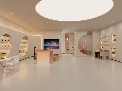 奶油侘寂美容院 美容院大厅 美容美甲店 楼梯造景