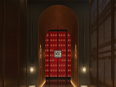 新中式轻奢中餐厅 过道 酒柜 地灯 壁灯 铁丝网