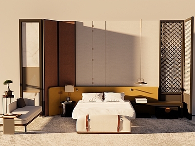 新中式现代双人床 木床 皮床 布艺床 床背景 中式床