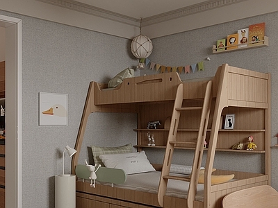 奶油现代通用儿童房 壁纸壁布 儿童床 储物柜 洞洞板 上下床儿童房