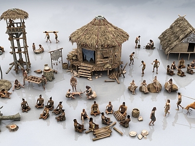 多人 古代原始人组合 原始人茅草屋 劳作原始人 岗亭抬鹿人 原始人组合