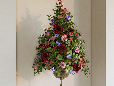 现代复古花艺 圣诞树形花艺 花瓶插花 中古风花艺 大丽花香豌豆月季 侘寂风花艺