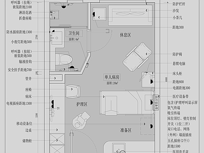 现代医院 单人病房平面图 施工图