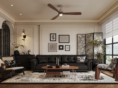 法式中古家居客厅 法式中古客厅 沙发茶几单人椅 屏风单人沙发 风扇吊灯植物 矮柜装饰画