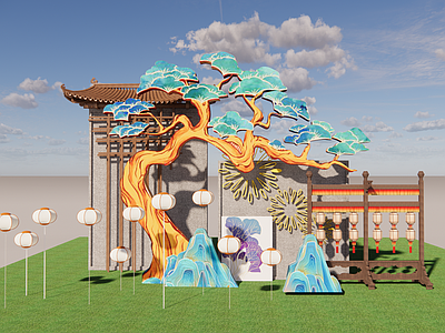 中式其他景观小品 中式景观 景观小品 景墙 文旅场景 中式