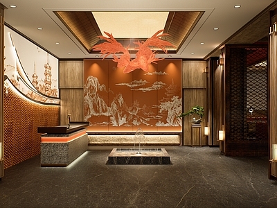 新中式中式中餐厅 中餐厅明档 闽南餐厅前台大厅 闽南红砖瓦片 锦鲤吊灯燕尾脊 闽南古厝造型