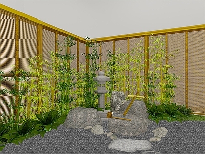 中式日式景观围栏 枯山水景观 竹篱 水钵 日式 石灯笼小品
