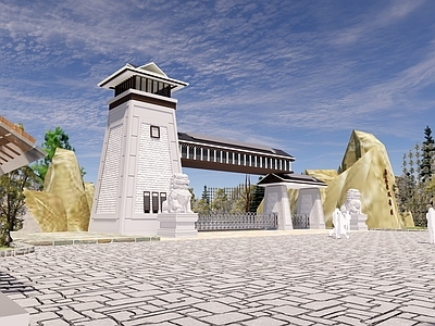 新中式中式入口大门 学校入口大门 公司入口大门 公园入口大门 景区大门入口 石狮子