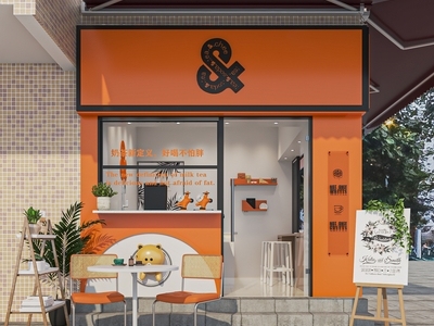 现代奶茶店门头 饮品店 咖啡店 吧台 收银台操作台 休闲桌椅 后厨设备 餐饮