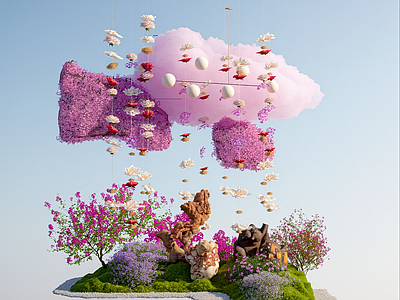 现代艺术装置 现代室内装置造景 云朵苔藓 鲜花灌木 景观石