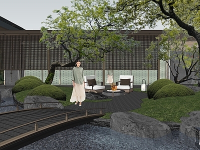 新中式轻奢别墅庭院 新中式轻奢展示区 宋式庭院禅意景观 入口门楼特色景墙 景观连廊玻璃砖 中心水院会客厅