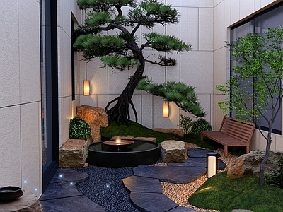 现代新中式庭院小品 石头水景 石头庭院 禅意庭院 庭院景观 氛围庭院