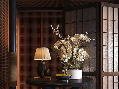 新中式日式摆件组合 花艺 台灯 玄关 屏风 花几