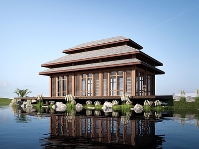现代其他景观小建筑 现代木屋建筑 景观建筑 茅草屋建筑