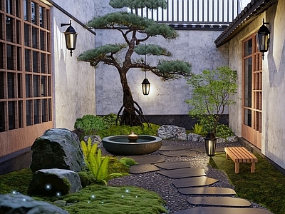 新中式中式庭院小品 中式庭院 松树庭院 庭院圆水景 禅意庭院 石头庭院