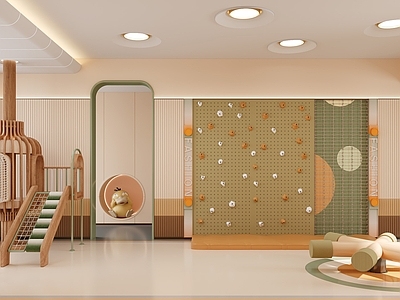 现代儿童乐园 现代儿童娱乐室 儿童游乐区 架空层 滑梯 攀岩墙