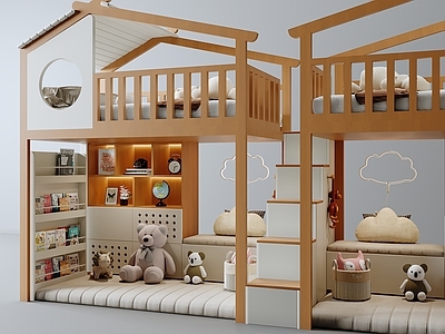 现代原木上下床 实木床 上下床 树屋 儿童床