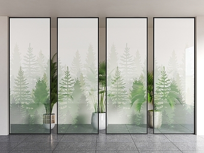 现代隔断 竹子软膜玻璃 绿植玻璃 磨砂绿植玻璃隔断 植物贴膜玻璃 玻璃隔断