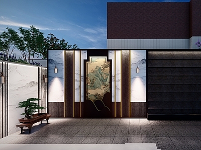 复古新中式别墅庭院 景墙 宋式 中庭