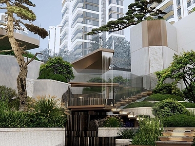 现代轻奢小区景观 示范区下沉庭院 楼梯阶梯高差景观 跌水 连廊 汀步