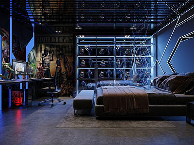 现代电竞房 现代电竞房 电竞游戏主题卧室 绝地求生主题墙 电竞桌搭 手办展示柜