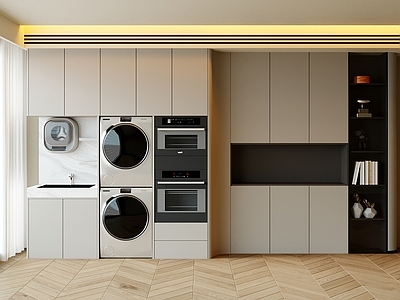 现代简约洗衣机柜 洗衣机 烘干机 洗烘一体机 水池 洗手台