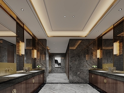 现代新中式公共卫生间 卫生间 新中式卫生间 酒店卫生间 洗手台 镜柜