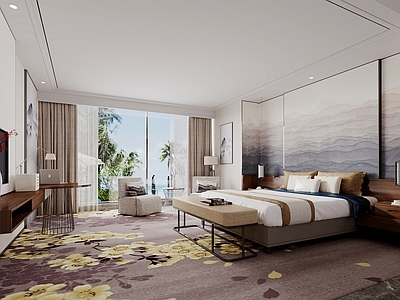 现代新中式酒店客房 新中式客房 卧室 酒店房间 房间 客房