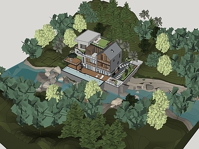现代简约风格建筑 山间别墅 山水地形 概念树