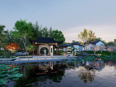 现代新中式滨水景观 滨水景观广场 中式亭廊 异形景观桥 公园广场景观