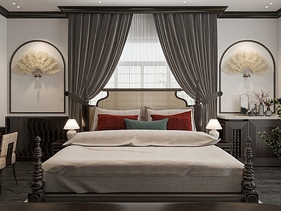 新中式酒店客房 新中式酒店客房 深色系主卧 雅致卧室书房一体 雕花四柱床