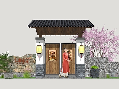 新中式乡村庭院 民宿门 民居入户门 乡村庭院门 庭院大门 乡村木门