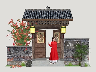 新中式乡村庭院 民宿门 乡村庭院门 乡村木门 民居入户门 庭院大门