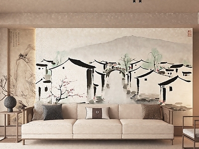 现代新中式沙发背景墙 山水画背景墙 江南水乡背景墙 江南水乡墙画 新中式禅意硬包 新中式背景墙