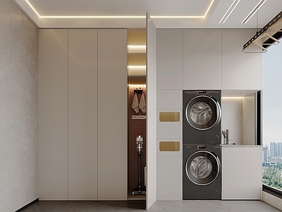 现代奶油阳台 生活阳台 晾衣架 阳台柜