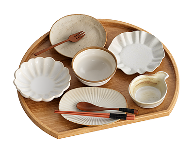 餐具 复古日式陶瓷餐具 扇形的木质托盘 木叉木勺木筷子 酱料碗饭碗 盘子