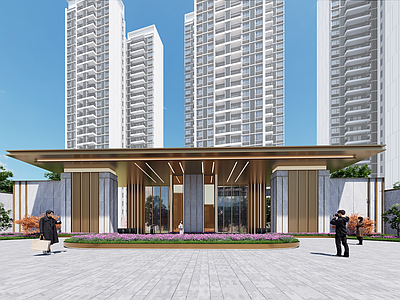 现代新中式小区建筑 现代小区入口 住宅入口 高端小区入口 形象入口