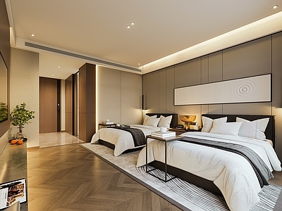 现代新中式酒店客房 民宿标间 酒店标间 客房标间