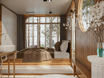 新中式民宿客房 现代自然风民宿 度假风民宿客房 几何镂空隔断墙 木质大理石混搭