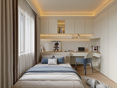 现代奶油男孩房 榻榻米儿童房 男孩房 儿童房 书桌