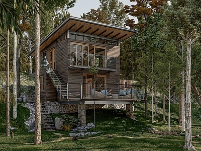 现代木屋 现代建筑 木屋 山地 斜顶 森林