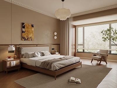 中古家居卧室 中古风卧室 双人床 床头柜 休闲椅