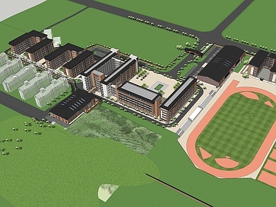 现代新中式学校建筑 学校操场 教学楼学校