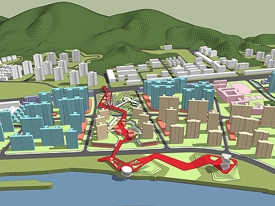 现代简模规划 滨水城市规划 含地形