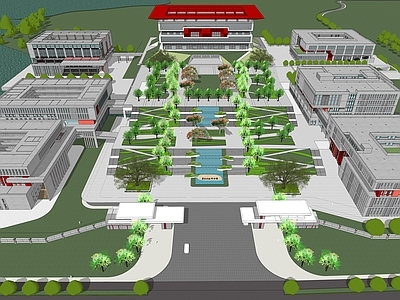 现代学校建筑 大学校园建筑规划 中轴对称 带景观 大高差