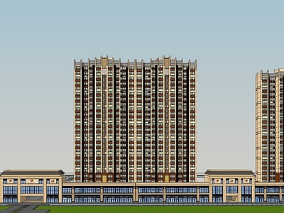 现代复古高层住宅 广场住宅建筑 黄色 复古