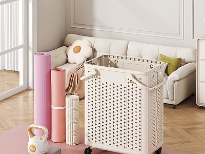 现代瑜伽室 瑜伽垫收纳篮 瑜伽垫 羽毛球拍 网球拍 健身器材 运动器材 跳绳