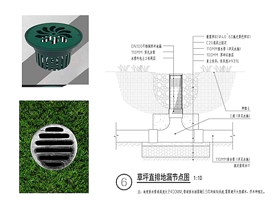 景观给排水 草坪直排 草坪排水 草坪地漏 绿地排水口 花园地漏 施工图